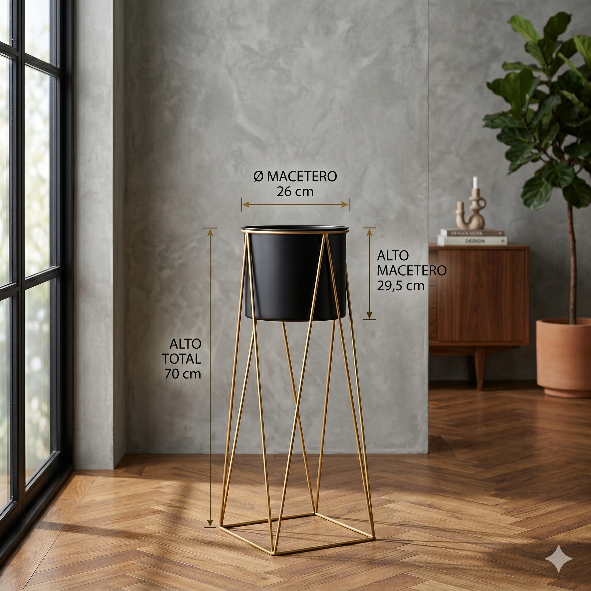 Pedestal Metálico Dorado + Maceta Negra 70cm