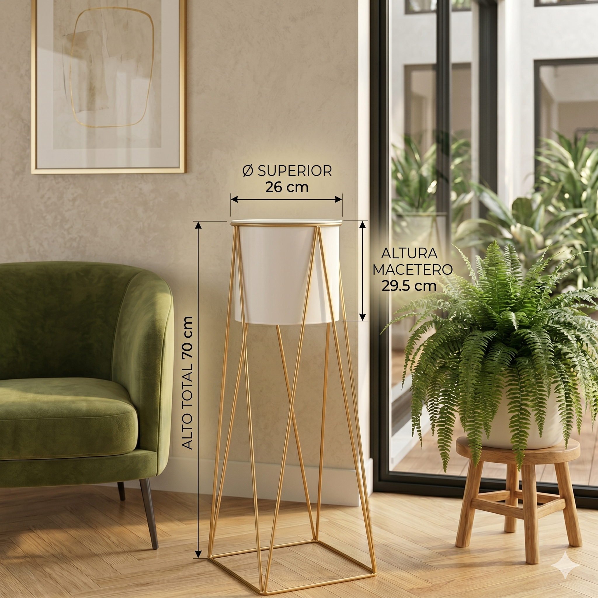 Pedestal Metálico Dorado + Maceta Blanca 70 cm