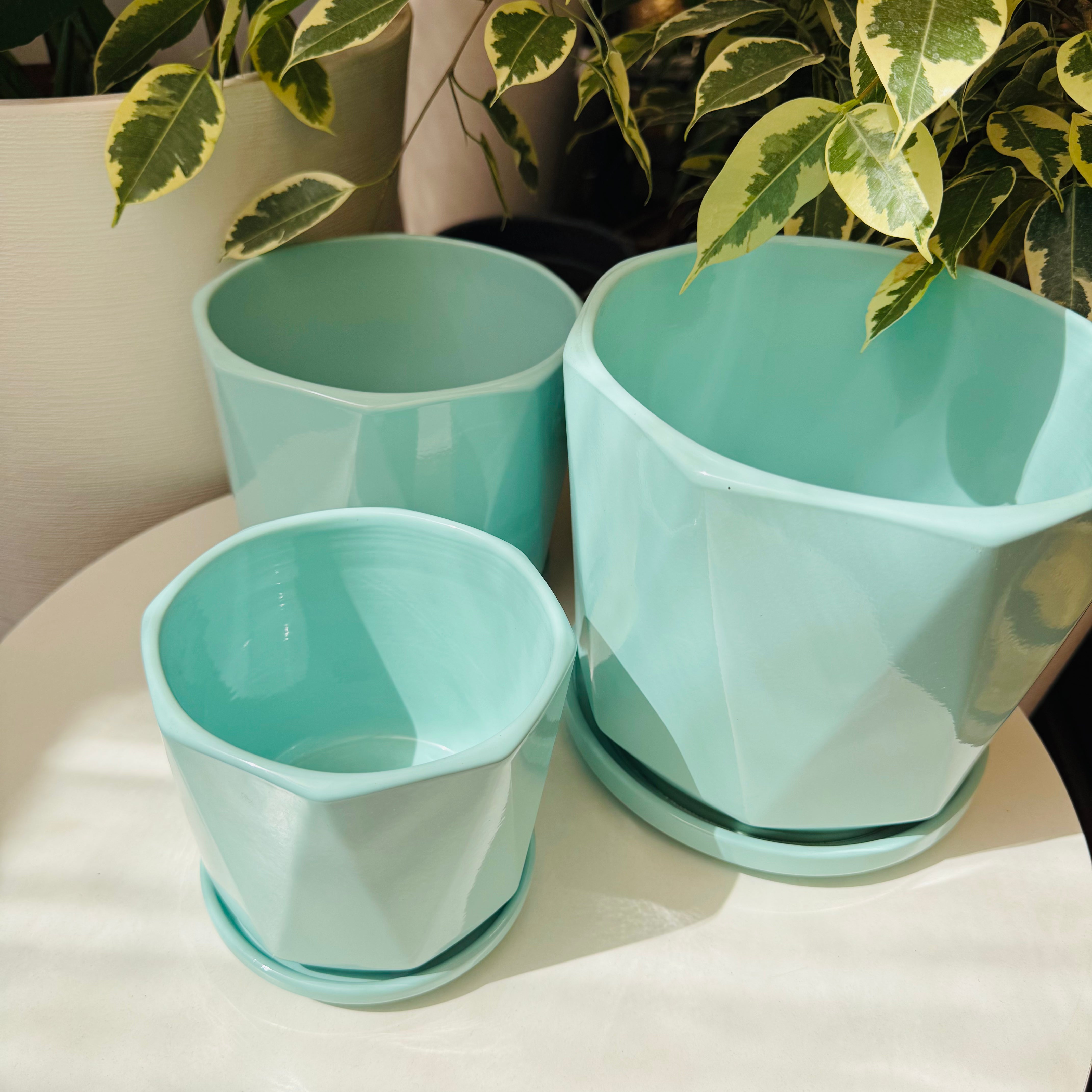 Maceta Geo cerámica - Celeste