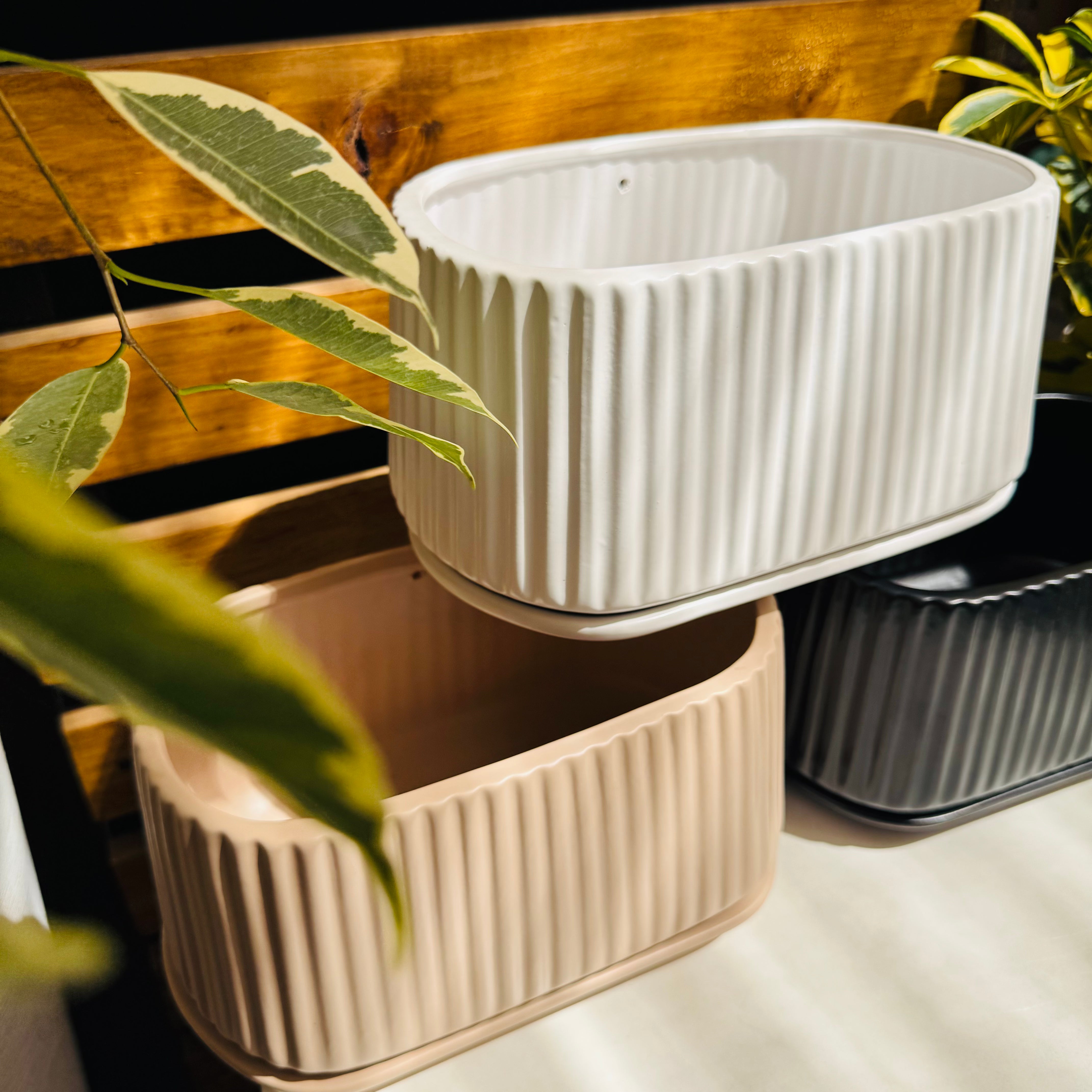 Maceta cerámica ovalada con platillo - blanca